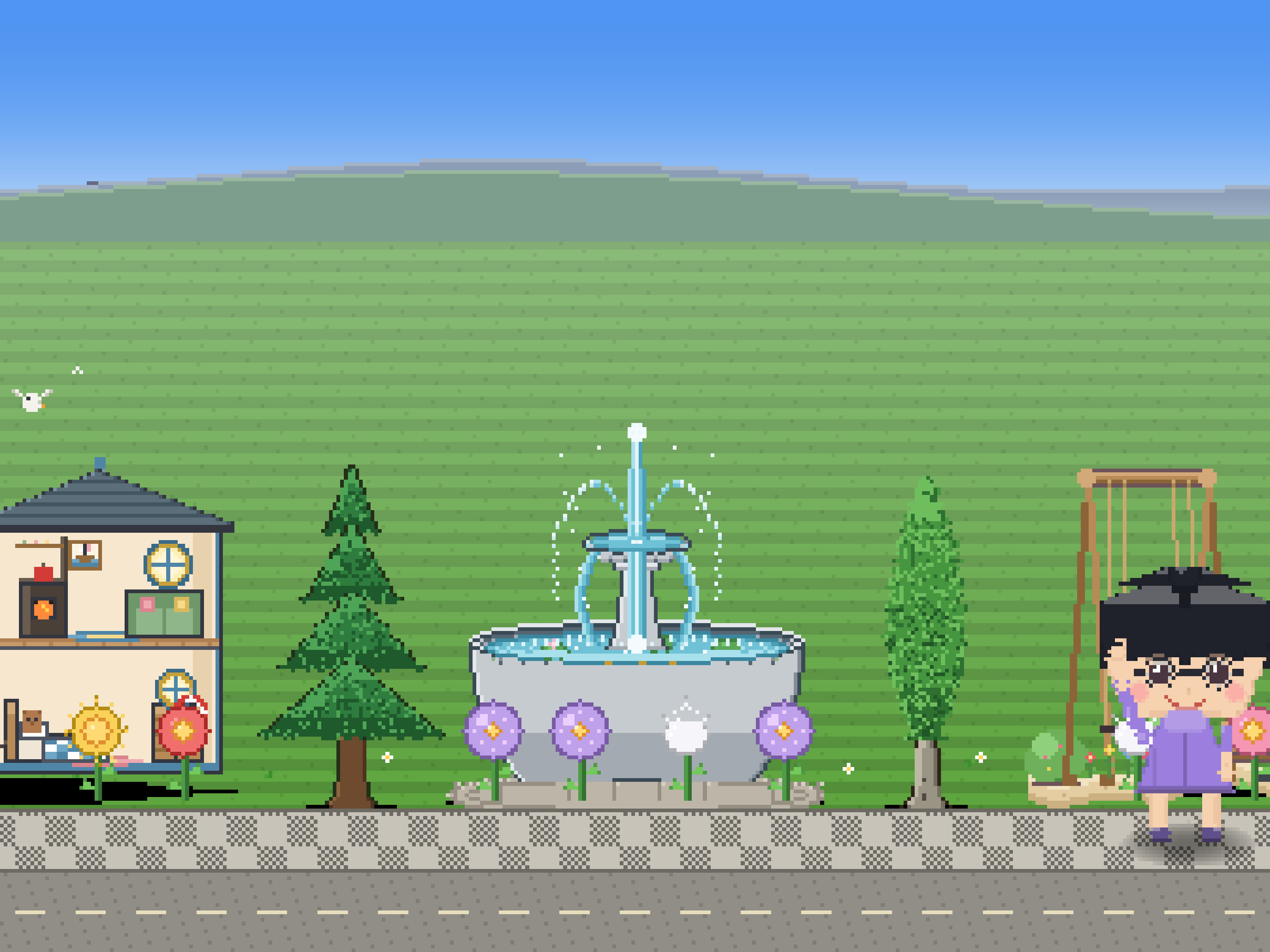 A fountain with arcing water and a playground swing