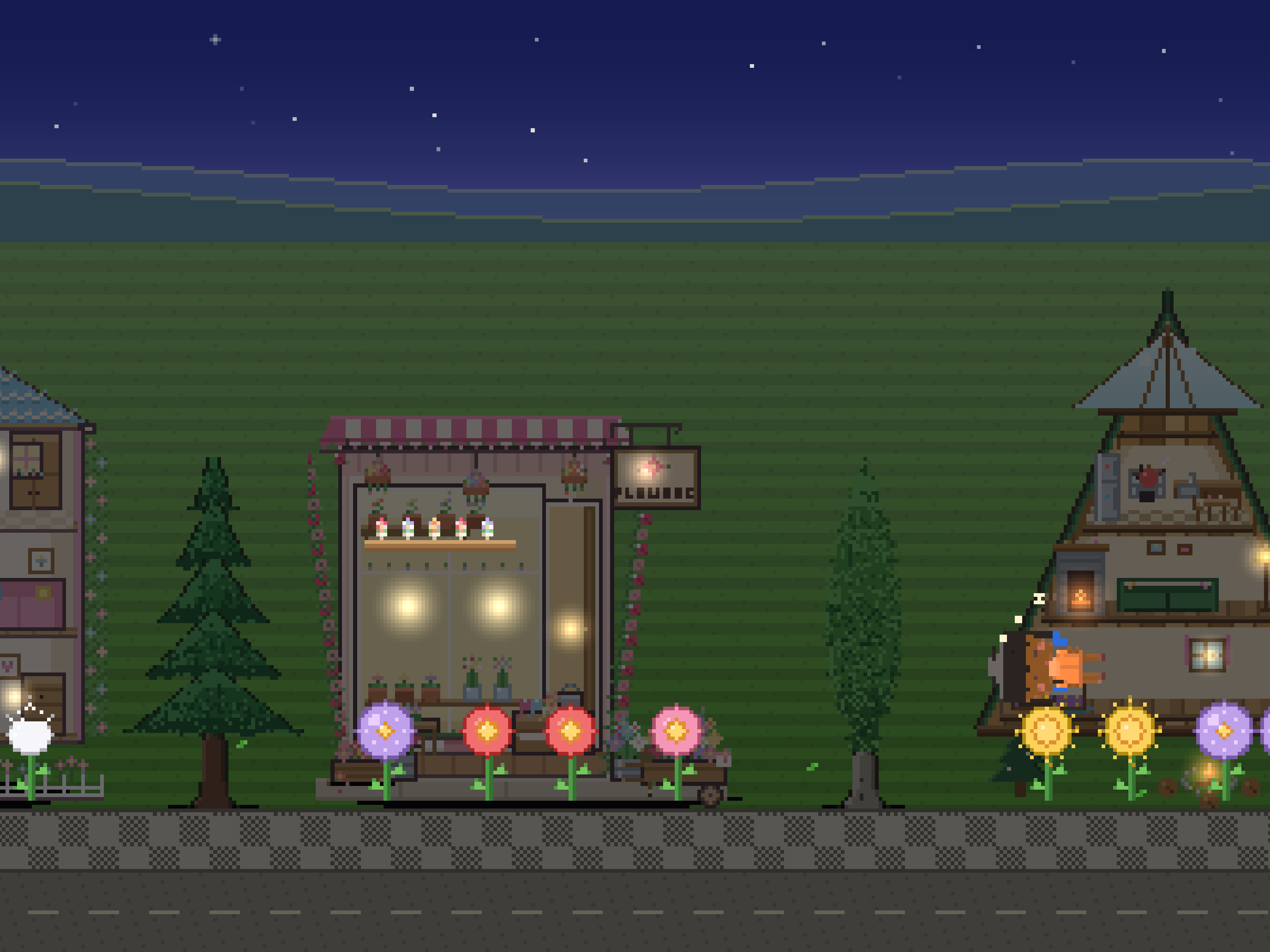 The town at night with glowing windows and a sleeping child
