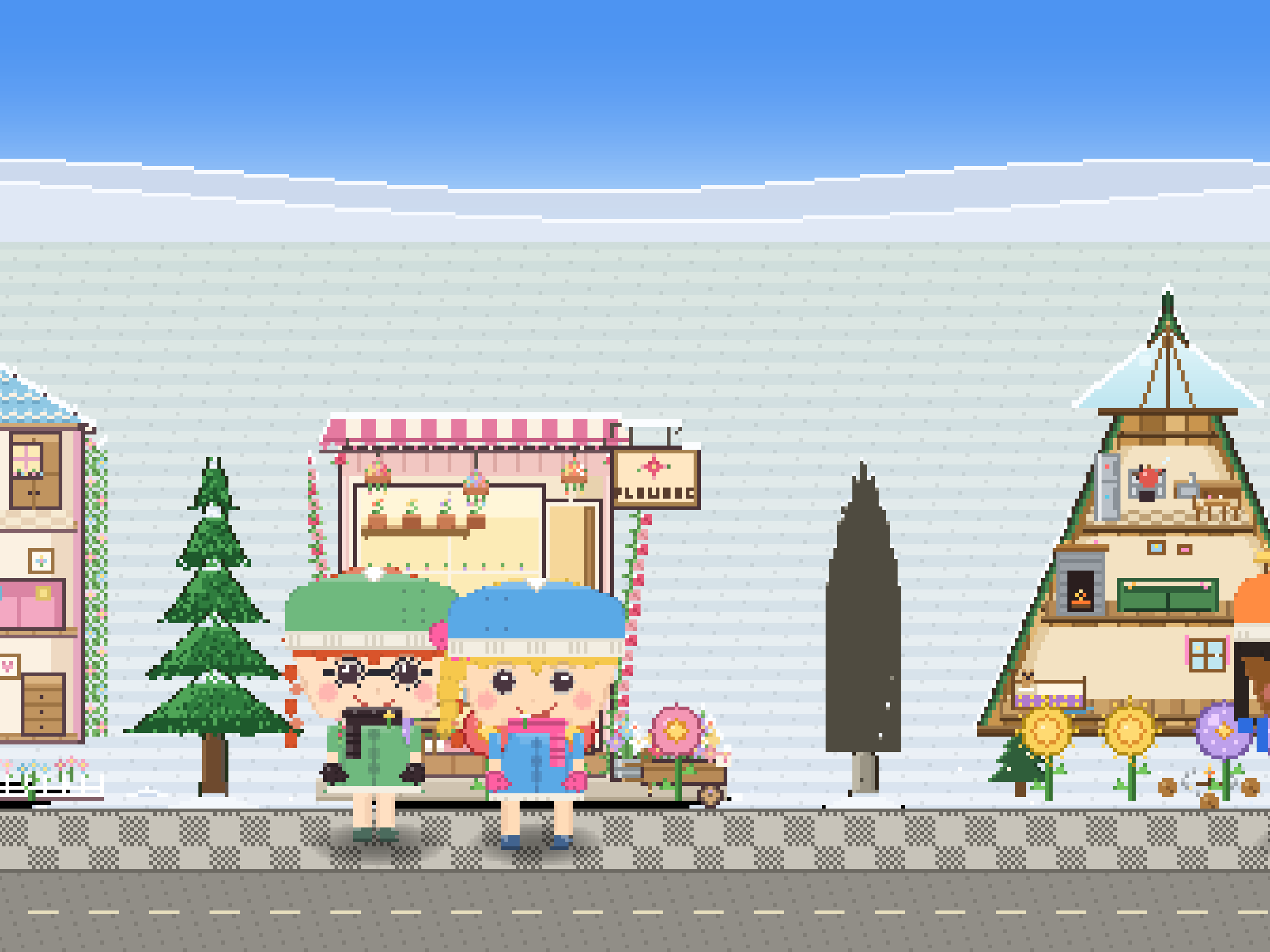A snowy winter street with children in hats and scarves
